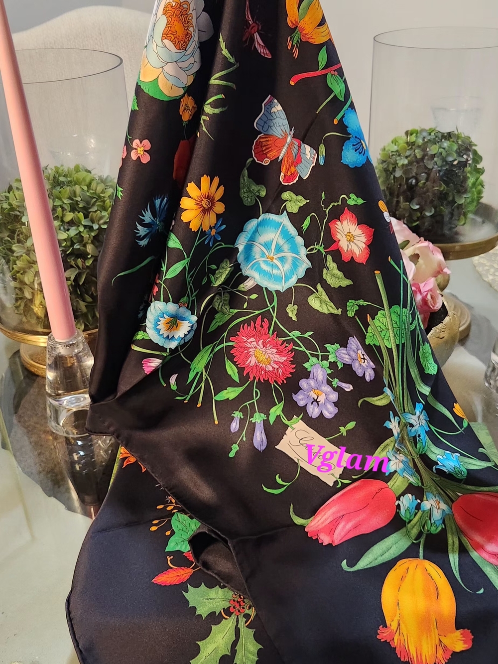Black Floral Satin Scarf with Colorful Blooms